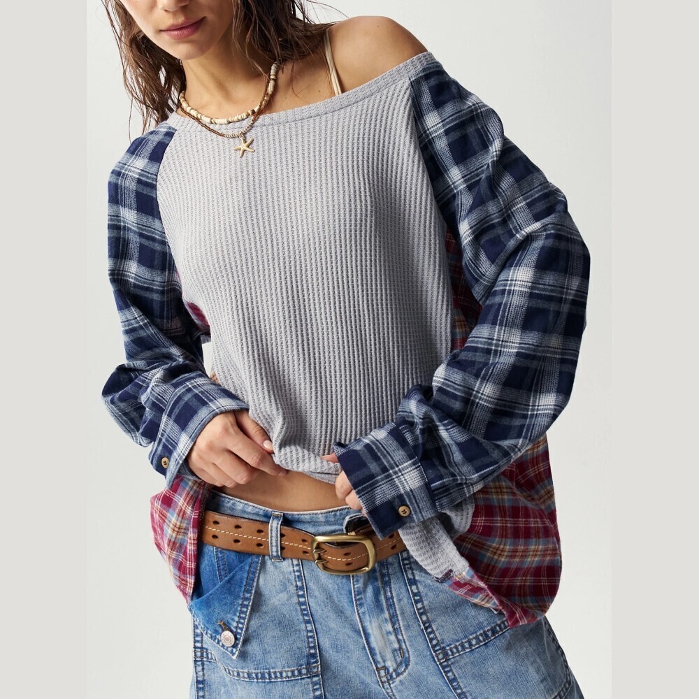 Gray Waffle Knit Plaid Colorblock Patchwork Oversized Long Sleeve Tee